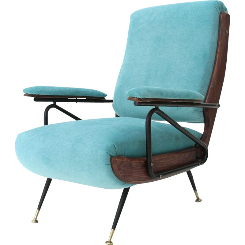 Italian reclining armchair in blue velvet