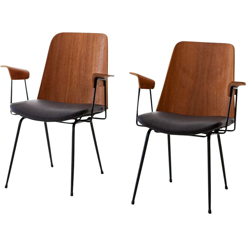 Pair of vintage Italian armchairs in teak and leather by Carlo Ratti