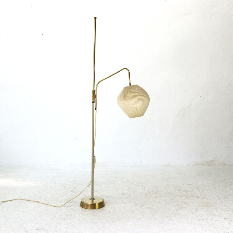 Lampadaire vintage allemand en laiton et tissu 1950