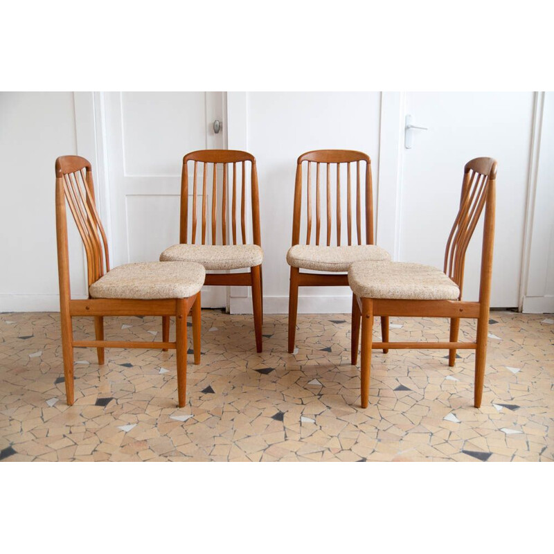 Set of 4 vintage scandinavian chairs by Linden in teak and beige fabric 1960