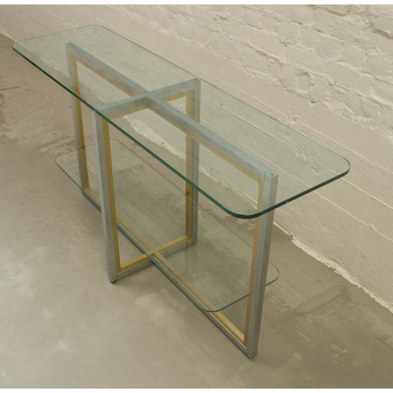 Italian vintage console table in brass and brushed steel 1970