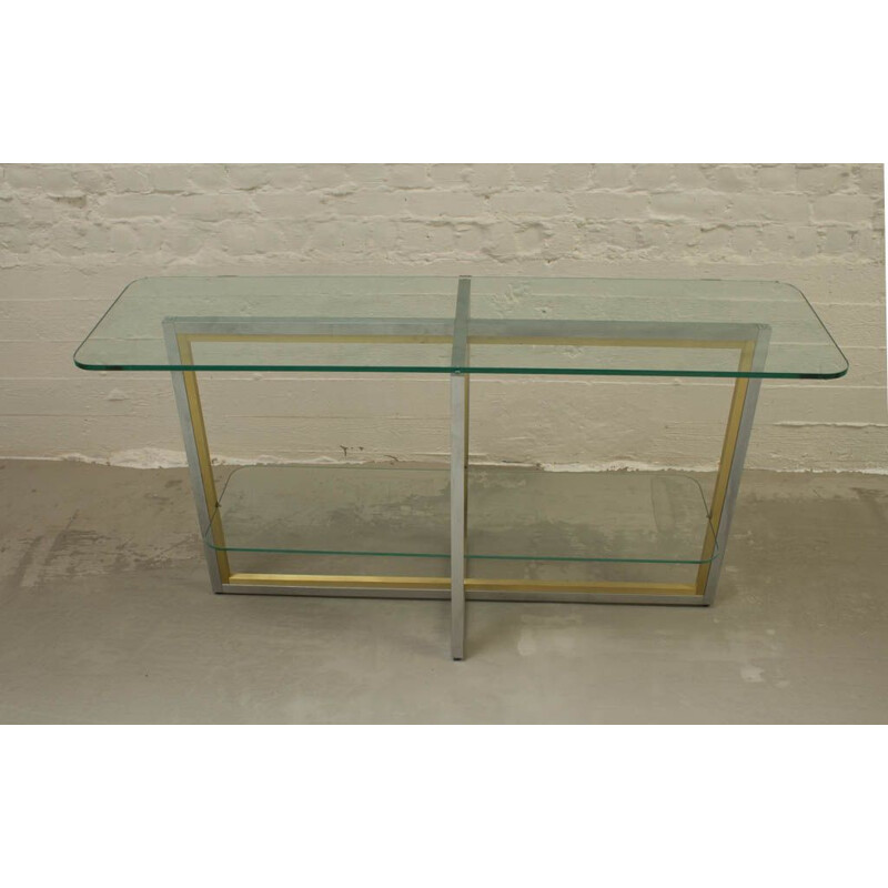 Italian vintage console table in brass and brushed steel 1970