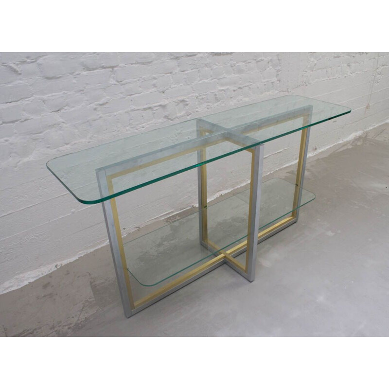 Italian vintage console table in brass and brushed steel 1970