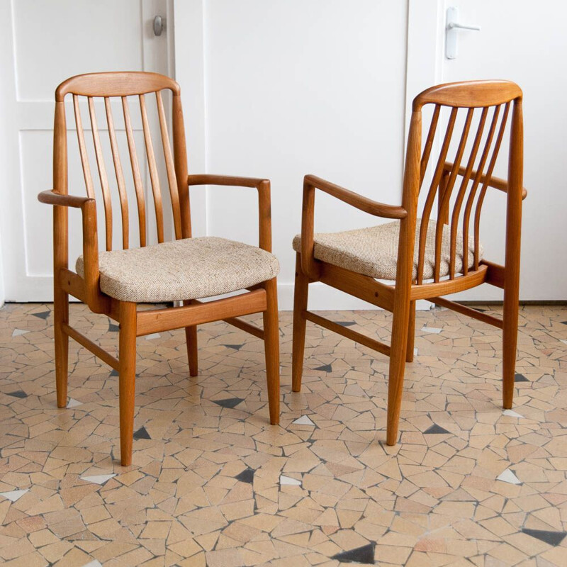 Pair of vintage armchairs by Linden in beige fabric and teak 1960