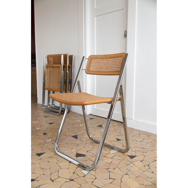 Set of 4 vintage chairs for Arben in caning elmwood and chromed metal