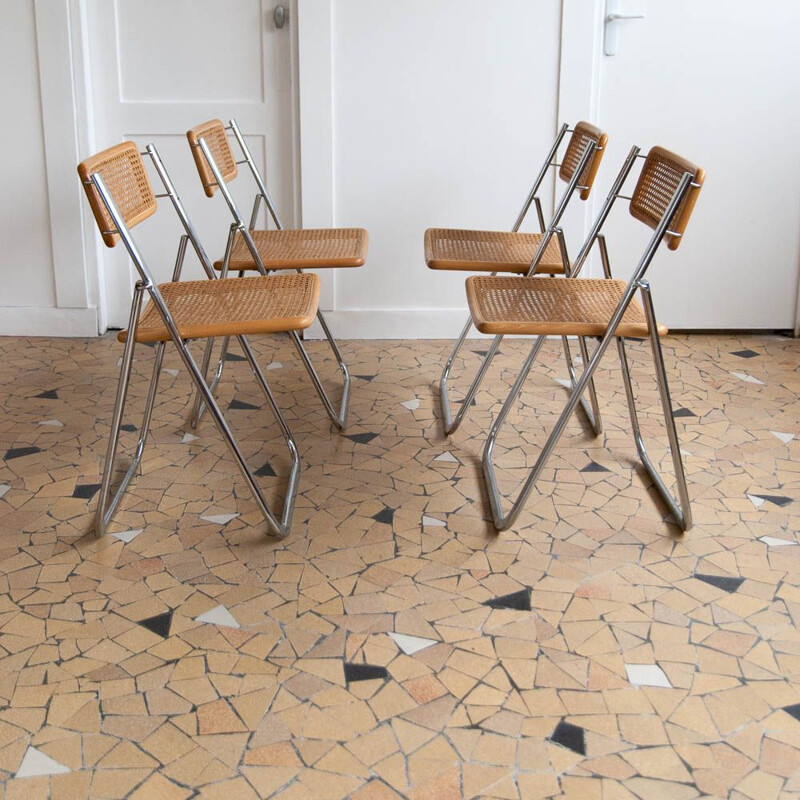 Set of 4 vintage chairs for Arben in caning elmwood and chromed metal