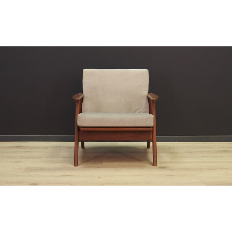 Fauteuil vintage danois en tissu gris et bois 1960