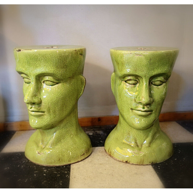 Pair of vintage stools in green ceramic 1980