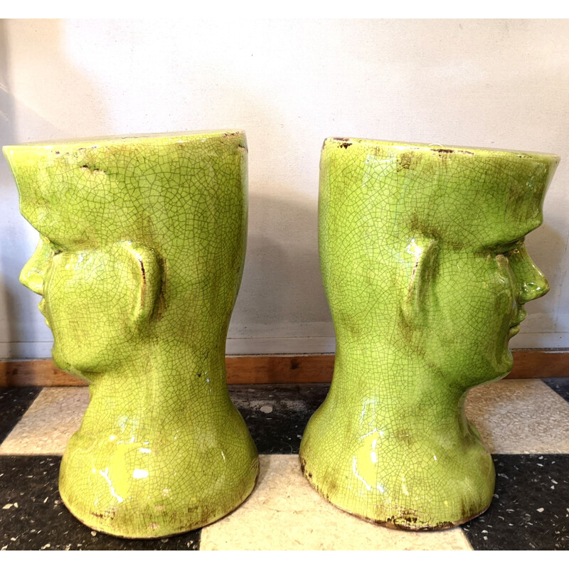 Pair of vintage stools in green ceramic 1980