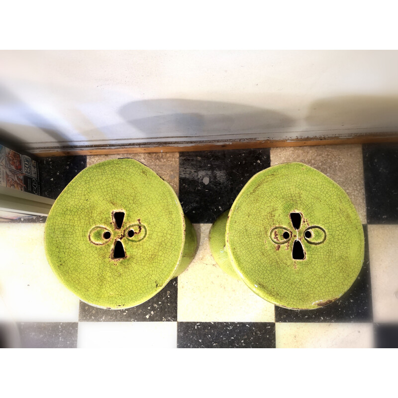 Pair of vintage stools in green ceramic 1980