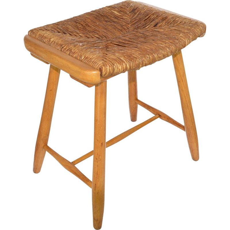 Vintage rustic stool with seagrass seat