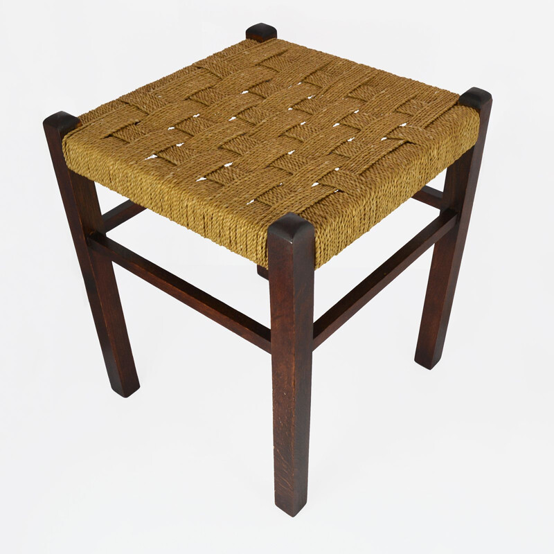 Tabouret vintage hêtre avec siège à cordes, Allemagne années 1960