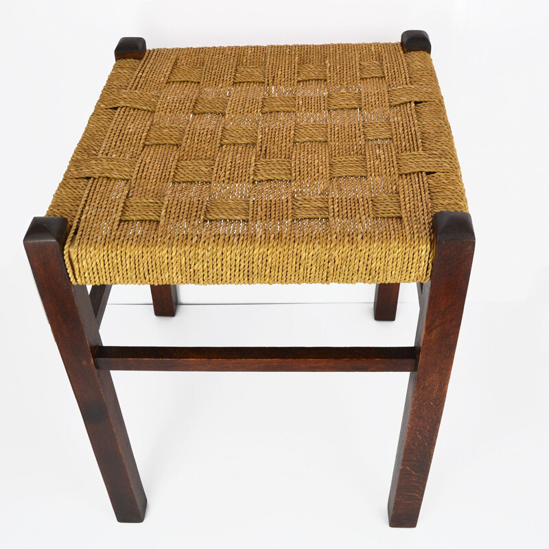 Tabouret vintage hêtre avec siège à cordes, Allemagne années 1960