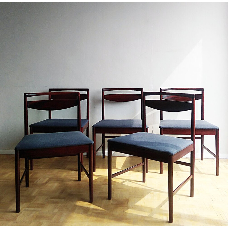 Set of 5 blue vintage chairs in exotic wood 1960