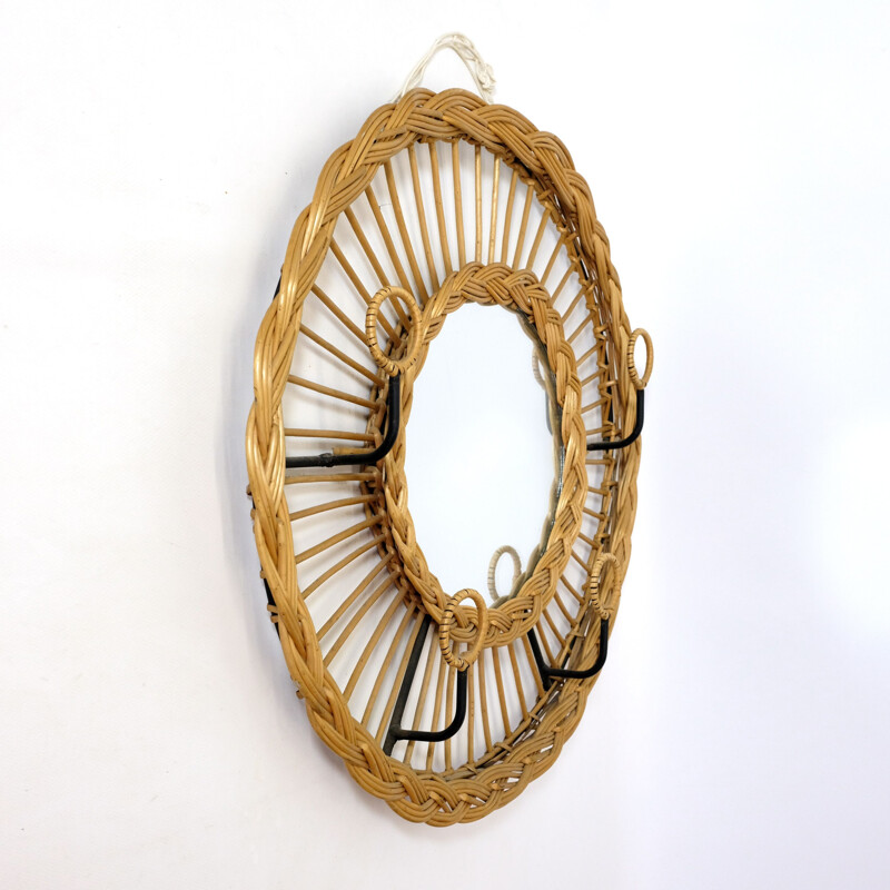 Vintage coat rack and mirror in metal and rattan,1970