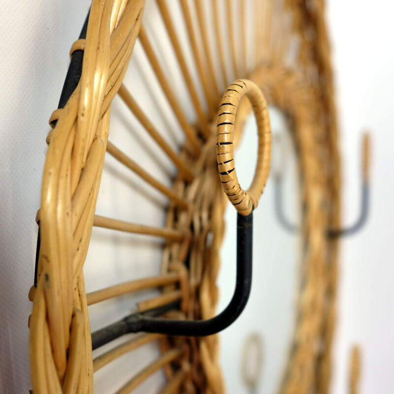 Vintage coat rack and mirror in metal and rattan,1970