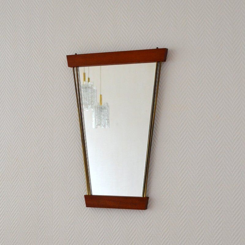 Vintage mirror teak and brass Scandinavian 1950-60s