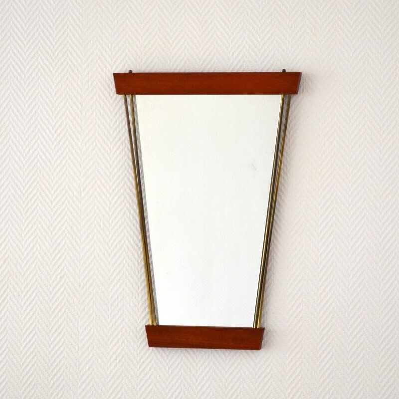 Vintage mirror teak and brass Scandinavian 1950-60s