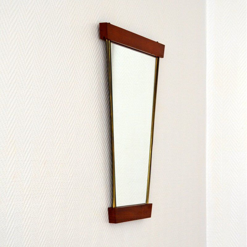 Miroir vintage en teck et laiton Scandinave 1950-60s