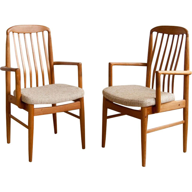 Pair of vintage armchairs by Linden in beige fabric and teak 1960