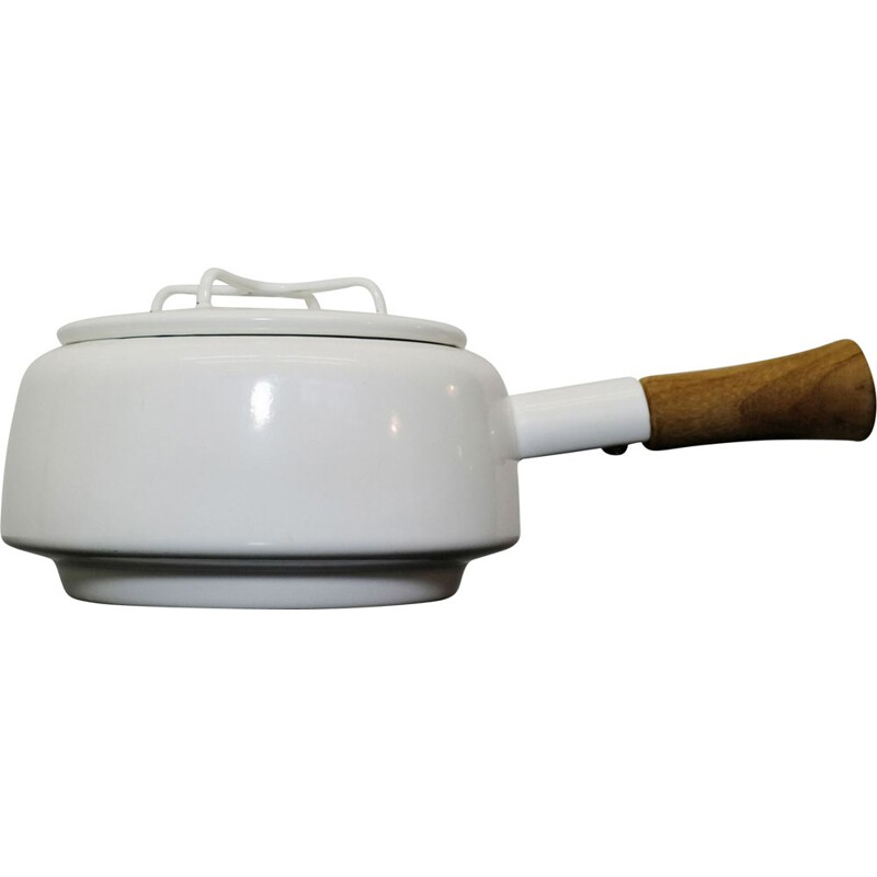 Small vintage frying pan for Dansk in teak and enamelled white 1950