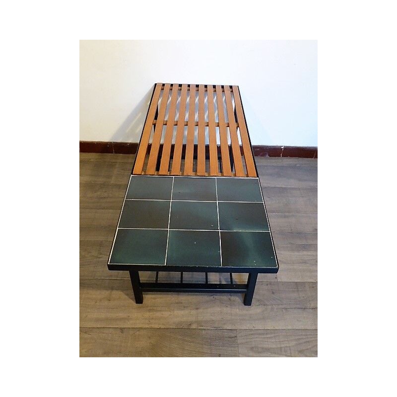 Table basse vintage en bois et céramique bleu