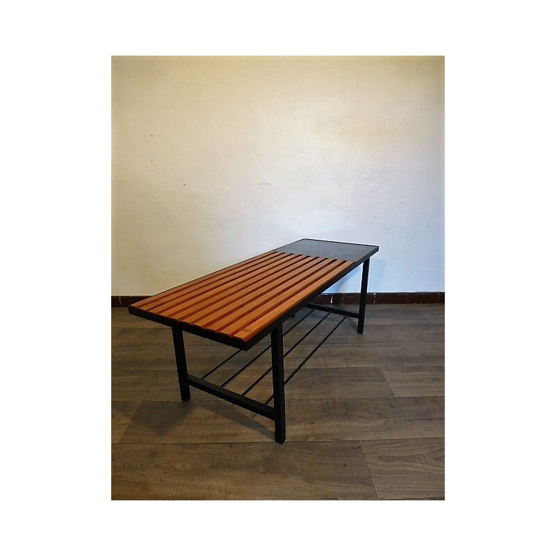 Vintage coffee table in wood and blue ceramics