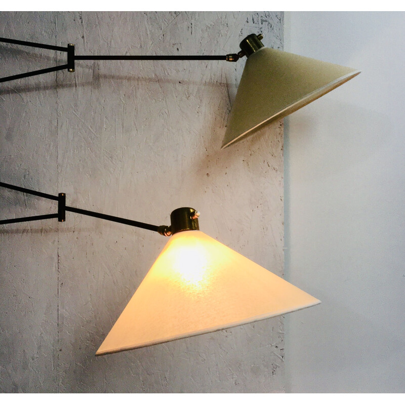 Pair of vintage double-arm wall lamp by René Mathieu for Lunel