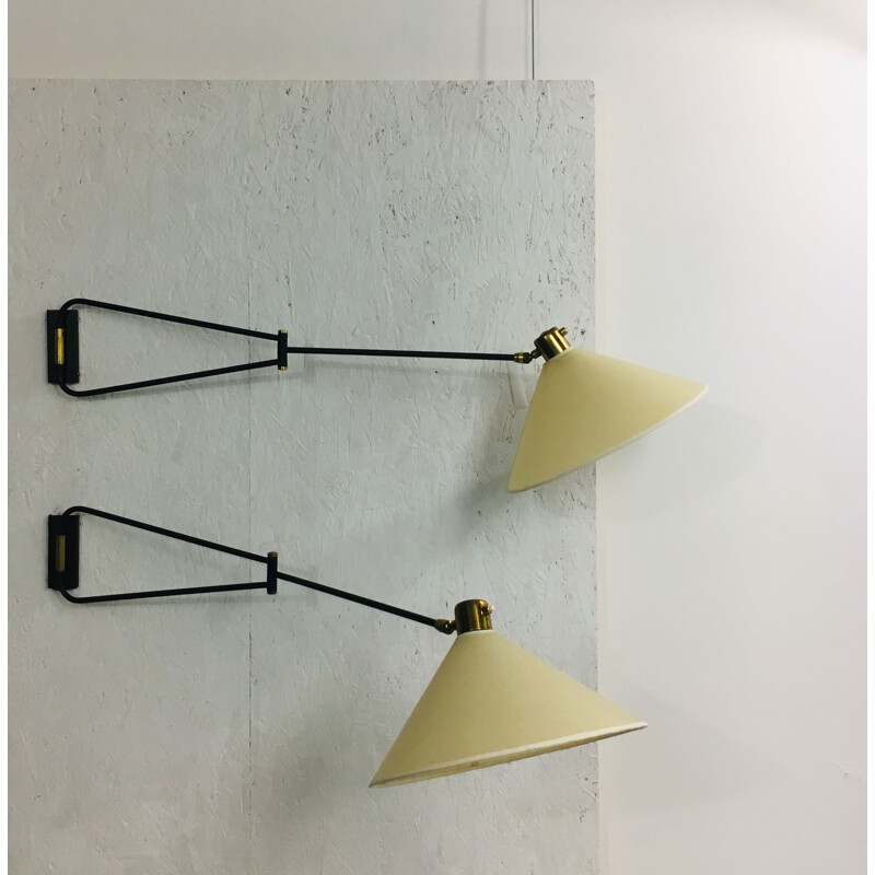 Pair of vintage double-arm wall lamp by René Mathieu for Lunel
