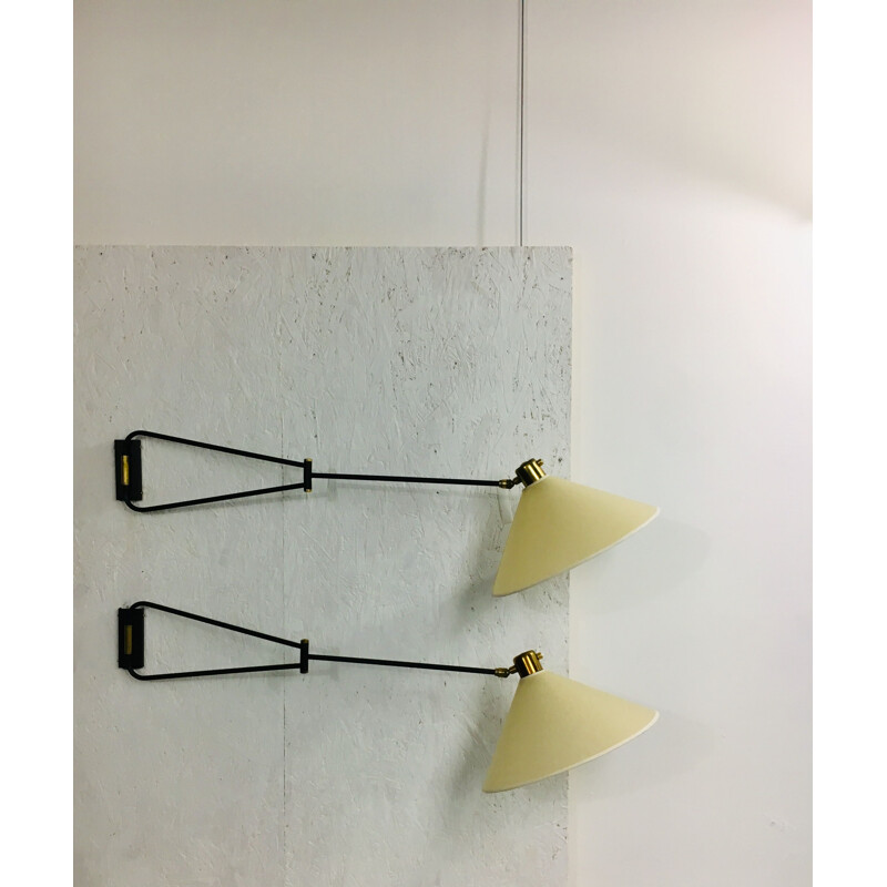 Pair of vintage double-arm wall lamp by René Mathieu for Lunel