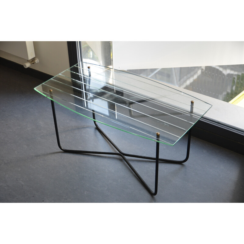 Table basse vintage en verre et métal, Jacques HITIER - 1950