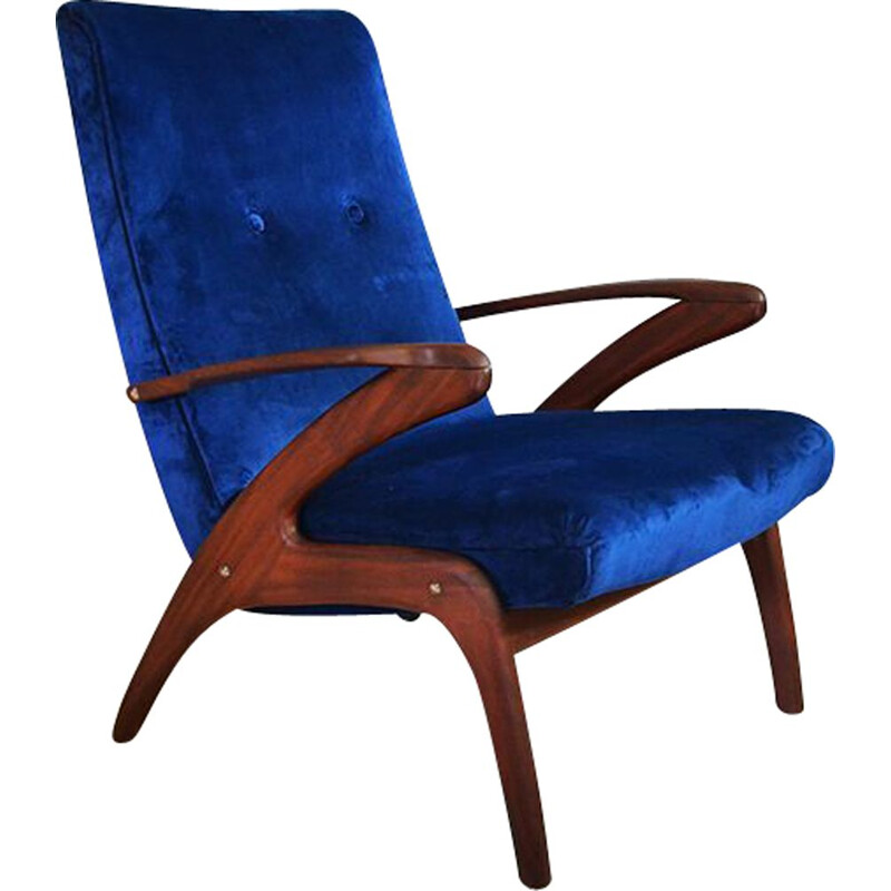 Vintage dutch armchair in blue velvet and teakwood 1960