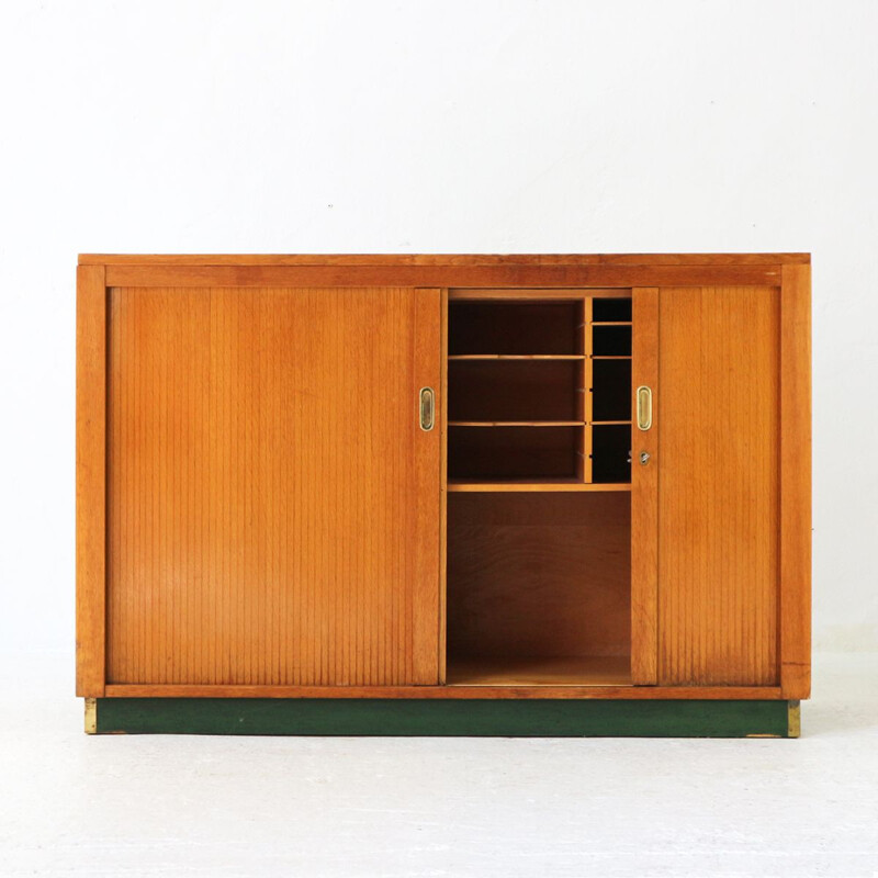 Armoire de bureau vintage en chêne et linoléum avec volets roulants années 1960 