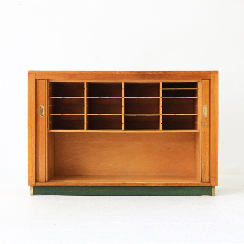 Vintage office cabinet in oak and linoleum with roller shutters 1960s 