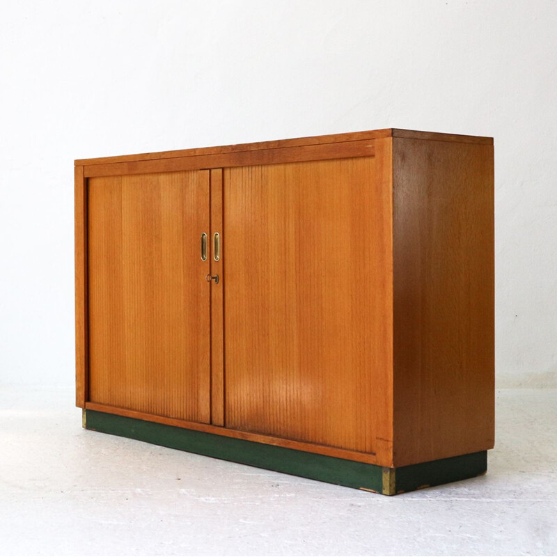 Vintage office cabinet in oak and linoleum with roller shutters 1960s 