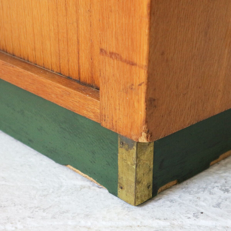 Vintage office cabinet in oak and linoleum with roller shutters 1960s 