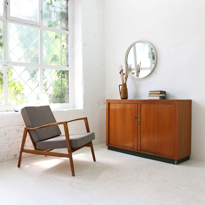 Vintage office cabinet in oak and linoleum with roller shutters 1960s 