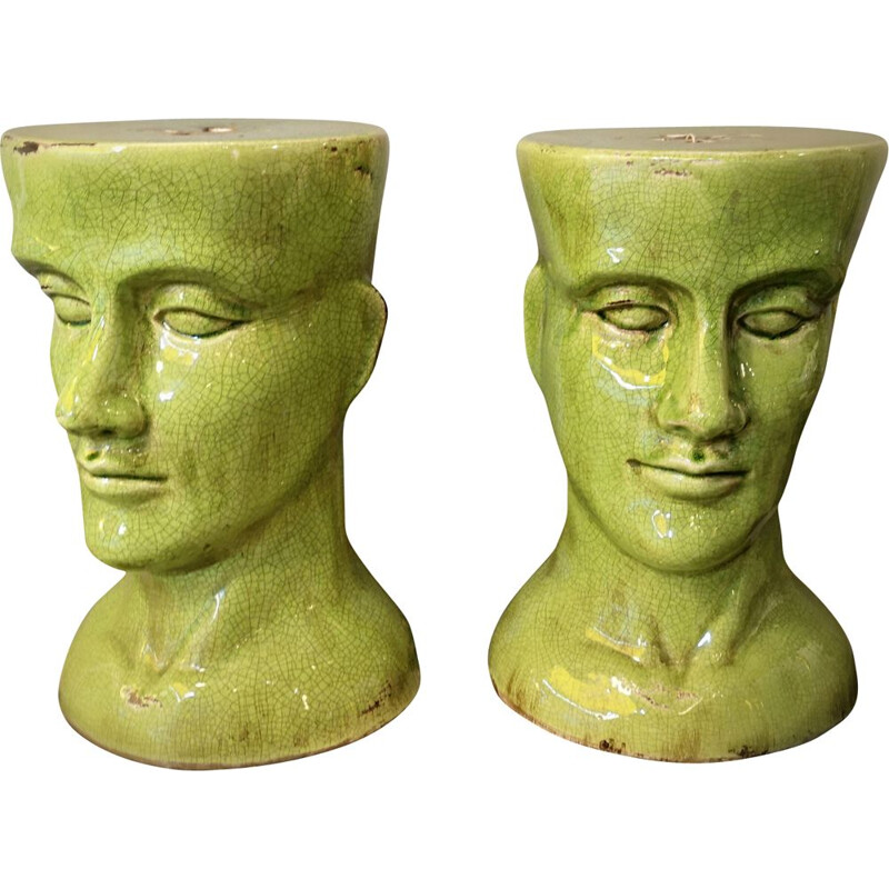 Pair of vintage stools in green ceramic 1980