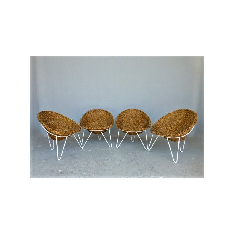 4 fauteuils vintage en rotin et métal des années 60