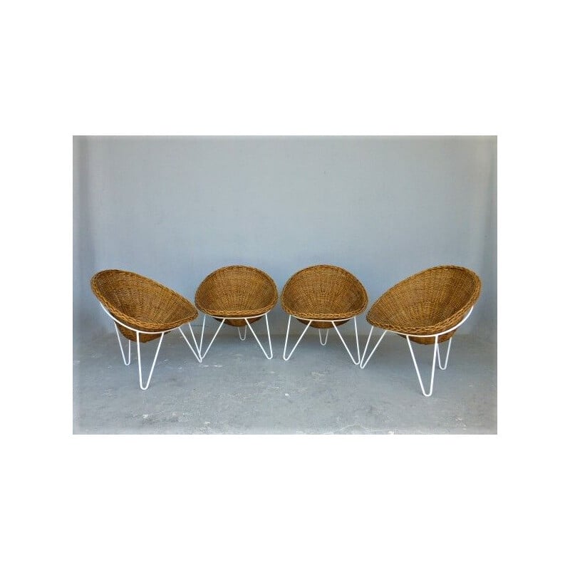 4 vintage armchairs in rattan and metal from the 60s