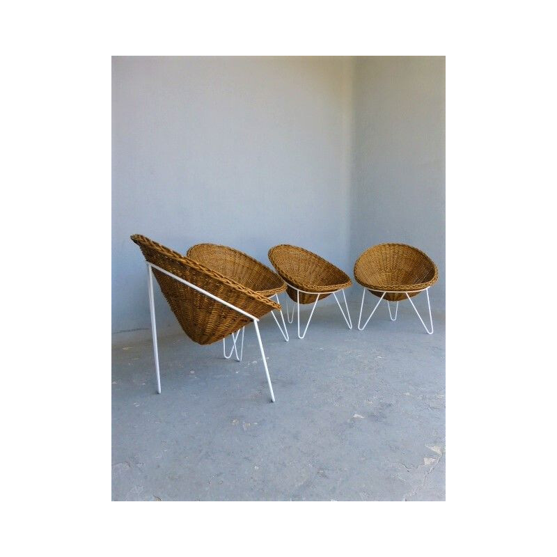4 fauteuils vintage en rotin et métal des années 60