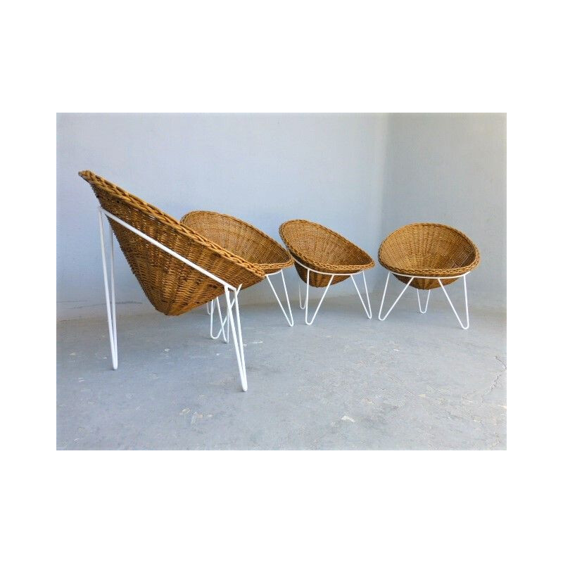 4 vintage armchairs in rattan and metal from the 60s
