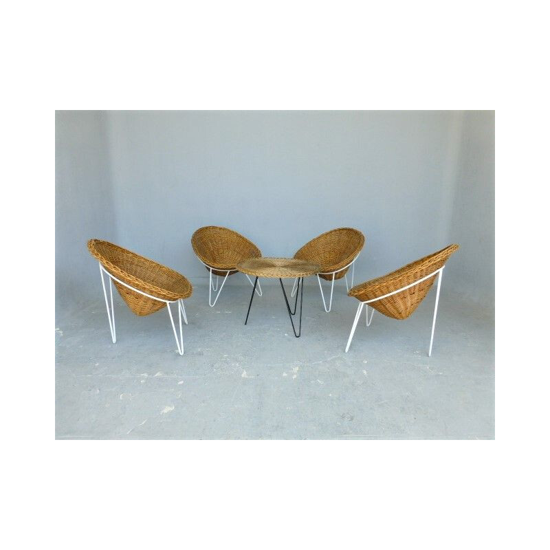 4 vintage armchairs in rattan and metal from the 60s