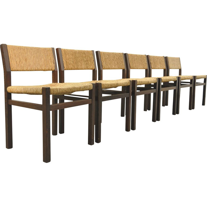 Set of 6 vintage Wengé and Wicker dining chairs by Martin Visser, Walter Antonis for t Spectrum