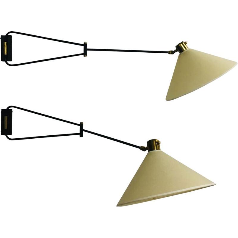 Pair of vintage double-arm wall lamp by René Mathieu for Lunel