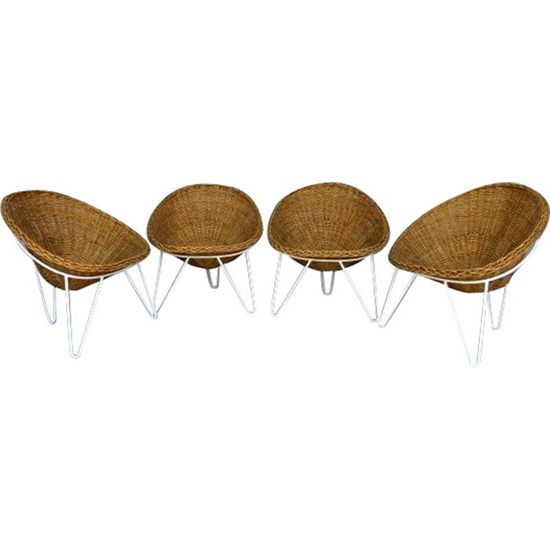 4 fauteuils vintage en rotin et métal des années 60
