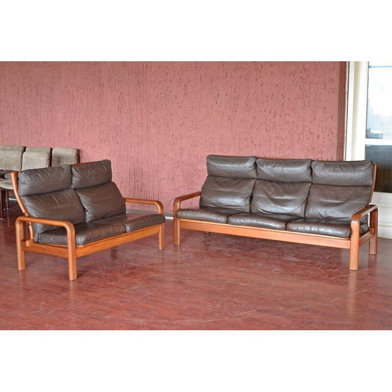 Danish teak and leather lounge set by L. Olsen & Son