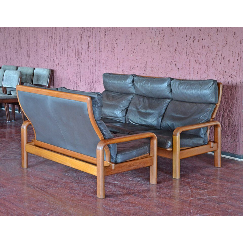 Danish teak and leather lounge set by L. Olsen & Son