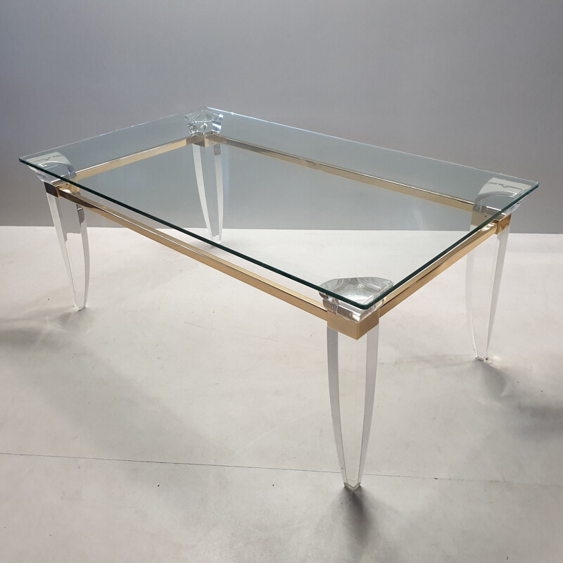 Vintage lucite gold plating and glass coffee table with assymetrical table legs