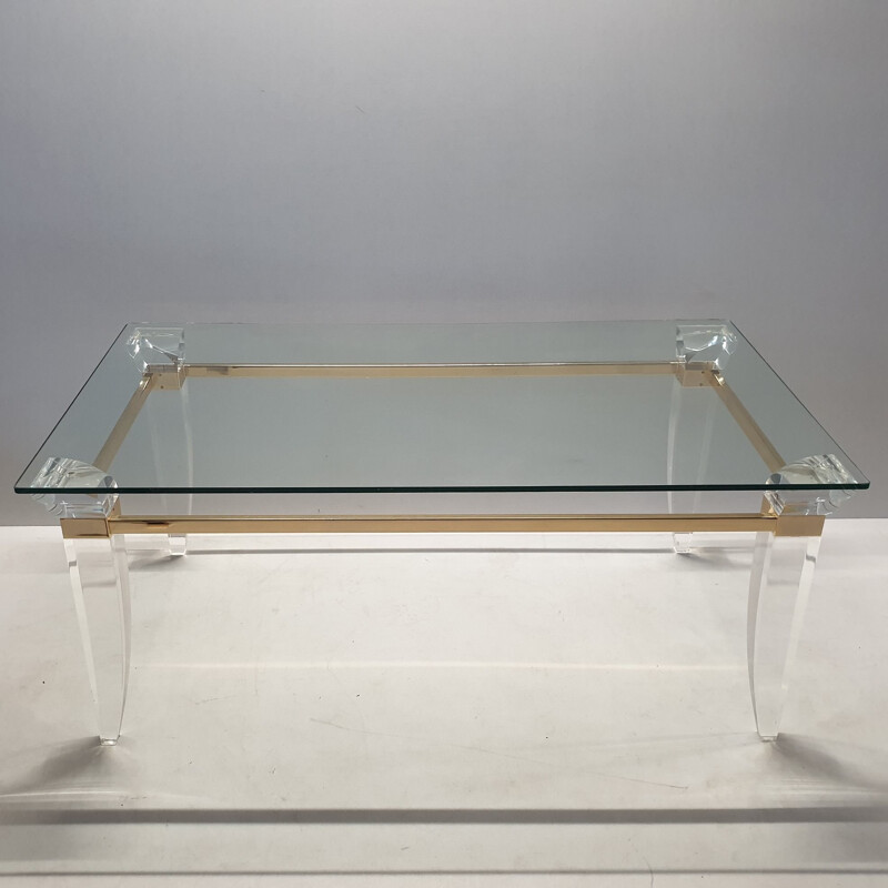 Vintage lucite gold plating and glass coffee table with assymetrical table legs